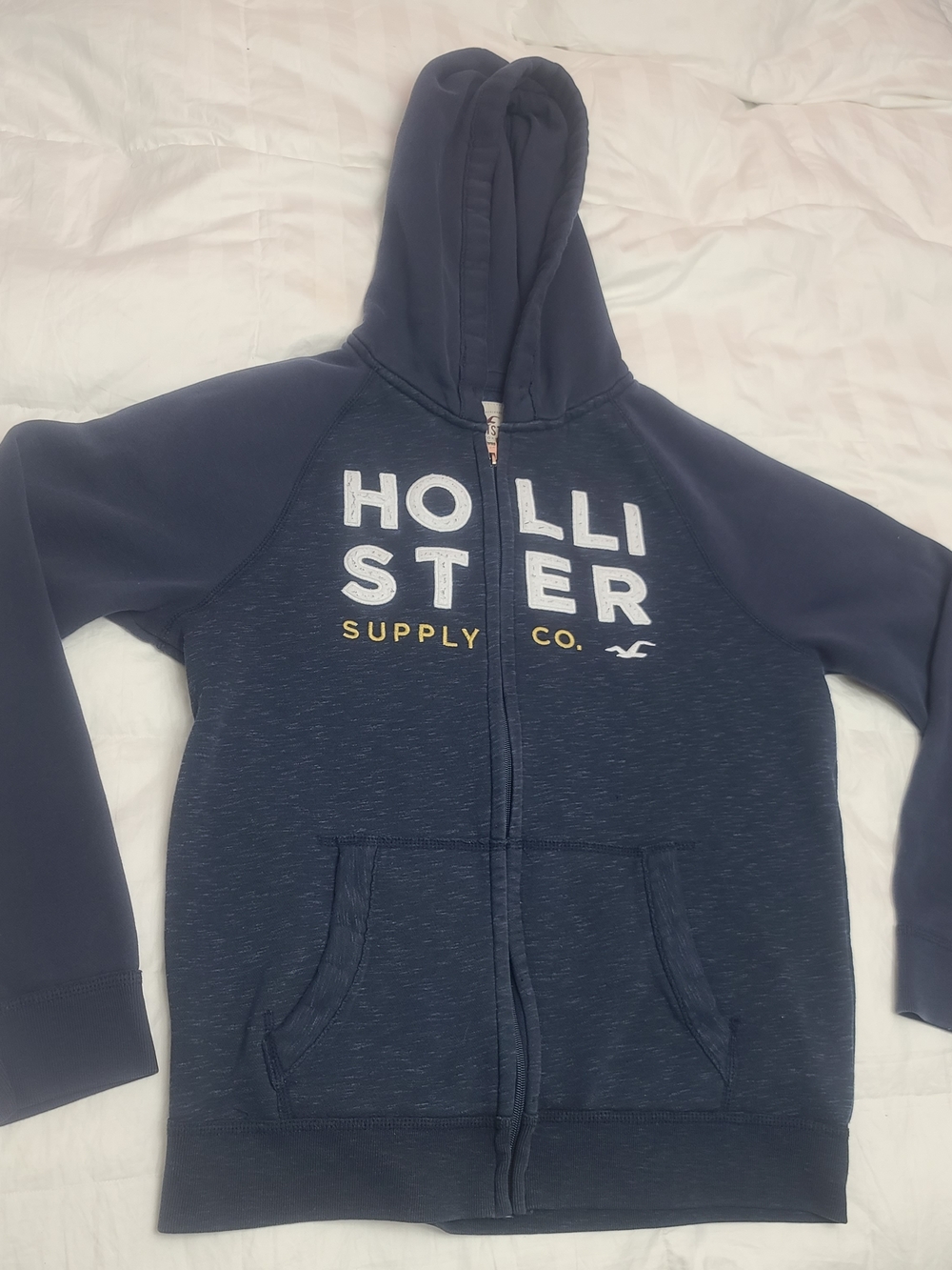 Hollister Navy and Yellow Logo Full-Zip Hoodie